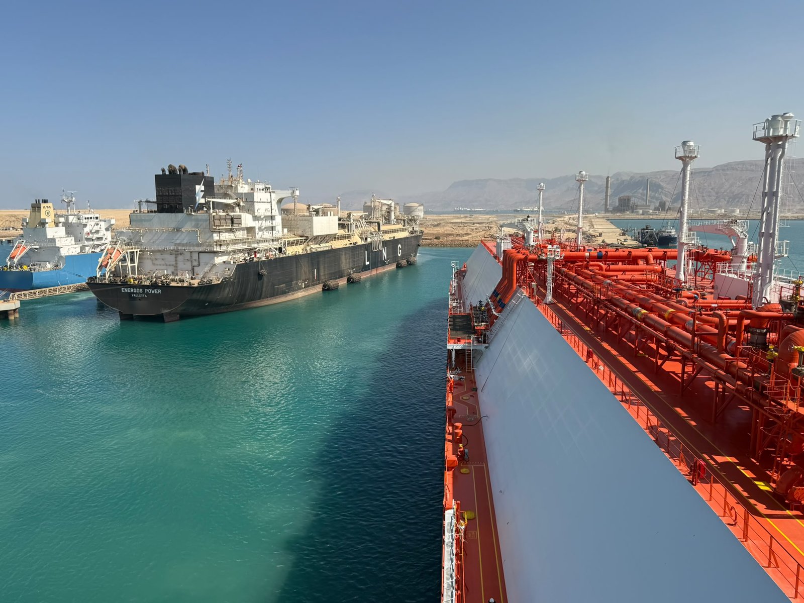 LNG carrier alongside during a ship-to-ship transfer with the FSRU Energos Power at the Ain Sokhna LNG import terminal, Egypt