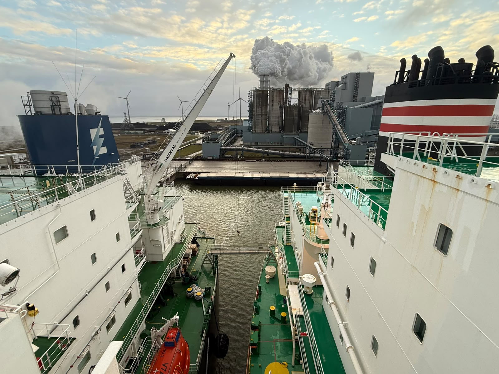 STS transfer at Eemshaven with the port power station behind