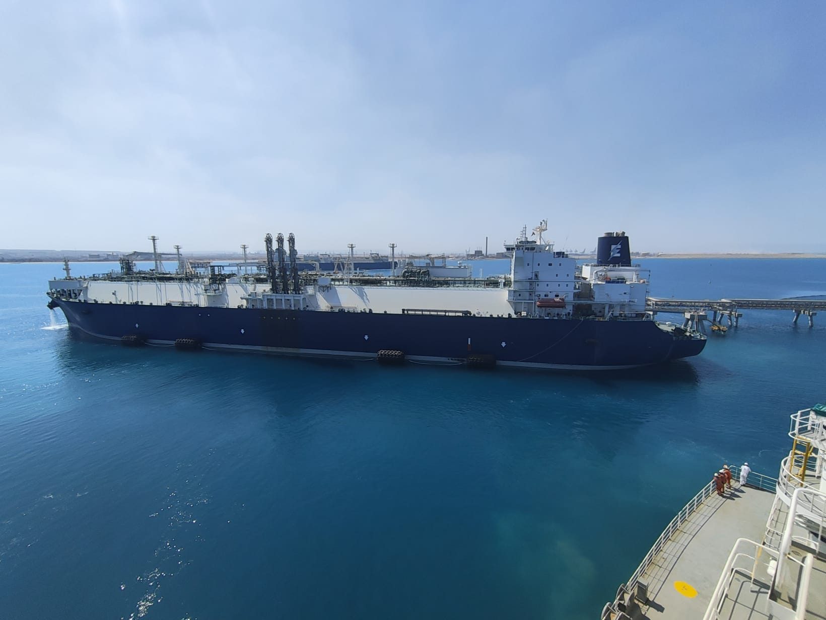 LNG carrier alongside an FSRU during a ship-to-ship transfer at Ain Sukhna, Egypt