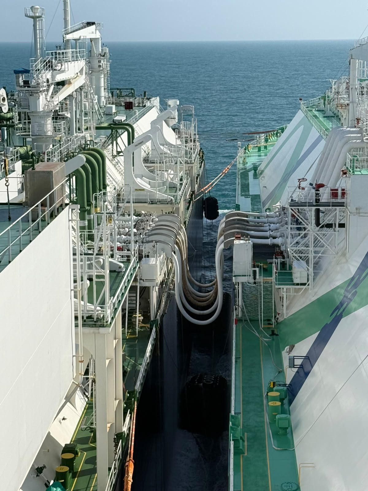 Cryogenic transfer hoses connected between the LNG carrier and FSRU during the STS operation off Sergipe